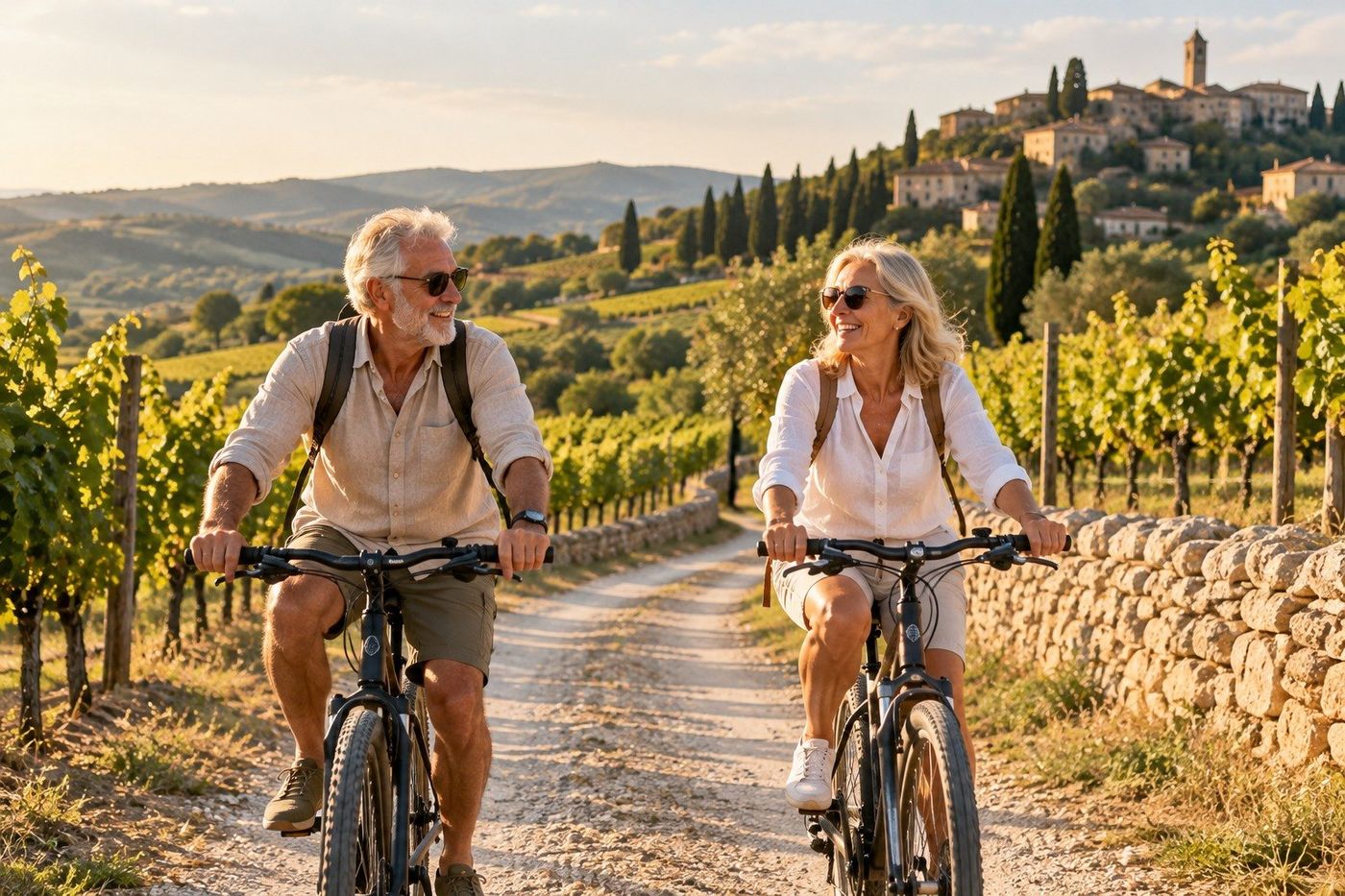 Par u šezdesetima vozi bicikle makadamom između istarskih vinograda